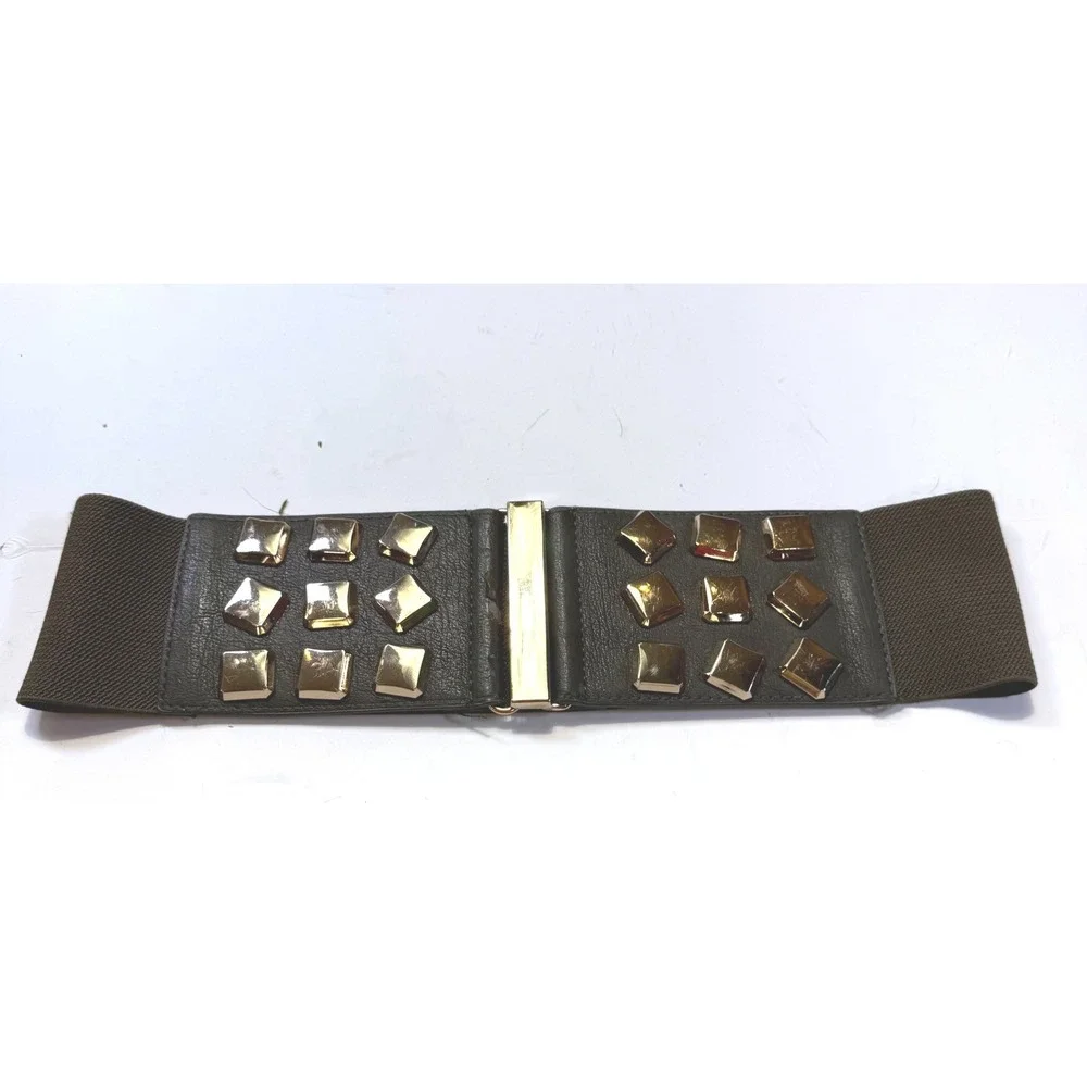 Brown Elastic Cinch Waist Belt Gold Square Pyramid Studs Wide Faux Leather 27in
